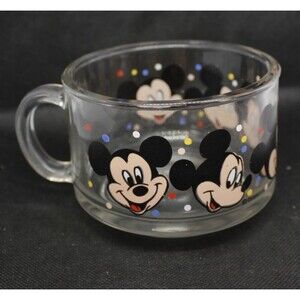 VIntage Disney Mickey Mouse Face Clear Glass Coffee Tea Soup Mug Made In USA
